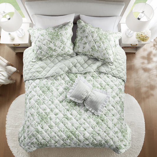 Vintage Inspired Floral Microfiber Quilt Set, Green