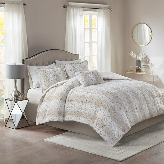 Long Faux Fur 4-Piece Comforter Set, Snow Leopard