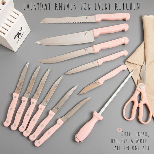 14-Piece Pink Stainless Steel Knife Block Set