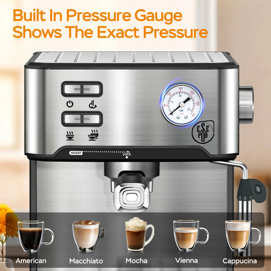PlumChef Espresso Machine Household Coffee Espresso Maker with Milk Frother Steam Wand Pressure Gauge 54oz Water Tank Low Noise and Fast Coffee Machine for Cappuccino Latte