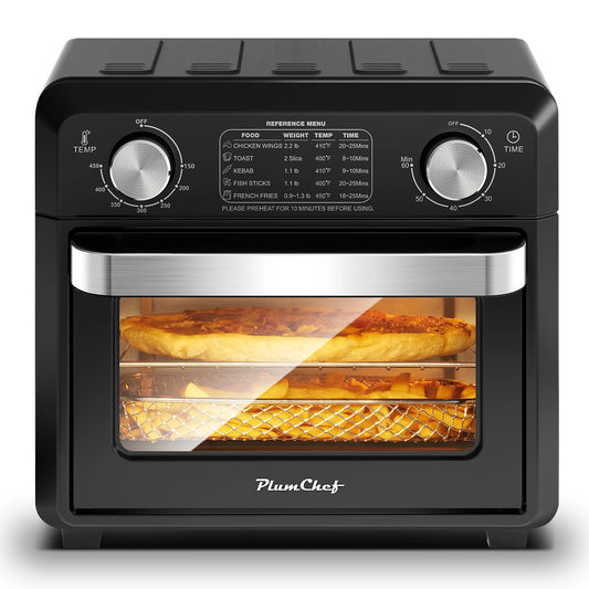 Plum Chef Air Fryer Toaster Oven 11QT, 5-in-1 Countertop Oven with Rapid Air Circulation, Air Fry, Bake, Broil, Dehydrate, Toast, for 1-2 People, 1000W, Oil-Free, Includes Frying Basket & Baking Pan, Black