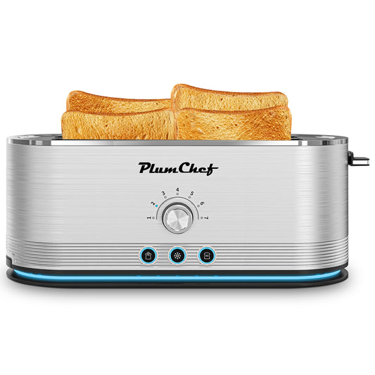 Plum Chef 4-Slice Toaster, 7 Browning Settings, Defrost/Reheat Functions, Removable Crumb Tray, Full body Stainless Steel Housing 1350W ，Anti-Fingerprint & Anti-Jam(stainless steel)