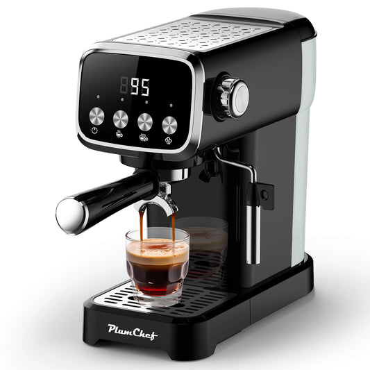 PlumChef PLJY0110 20BAR Espresso Machine with Milk Frother, 1350W Fast Heating, Compact Vertical Design, Built-in Cup Warmer, 43OZ Detachable Tank, for Latte Americano Cappuccino, Black