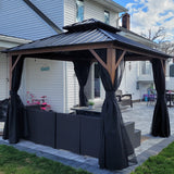 PURPLE LEAF Metal Gazebo Double Roof Wood Grain Aluminum Frame with Curtains and Netting