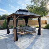 PURPLE LEAF Metal Gazebo Double Roof Wood Grain Aluminum Frame with Curtains and Netting with Lights-clear