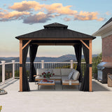 PURPLE LEAF Metal Gazebo Double Roof Wood Grain Aluminum Frame with Curtains and Netting with Lights-clear