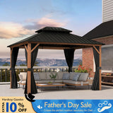 PURPLE LEAF Metal Gazebo Double Roof Wood Grain Aluminum Frame with Curtains and Netting
