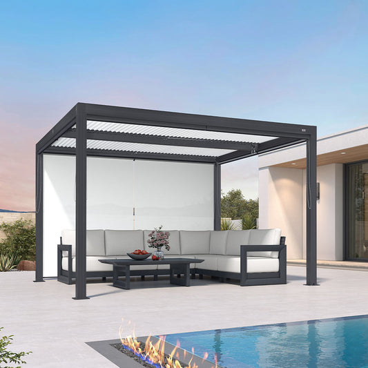 PURPLELEAF Outdoor Grey Frame& White Solid Color Roller Blinds for Louvered Pergolas, Thermal Insulated, UV & Waterproof Fabric, Privacy Protection, Easy Installation