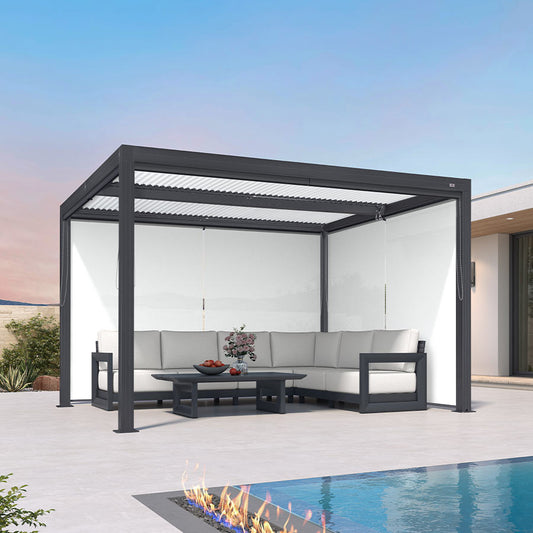 PURPLELEAF Outdoor Grey Frame& White Solid Color Roller Blinds for Louvered Pergolas, Thermal Insulated, UV & Waterproof Fabric, Privacy Protection, Easy Installation