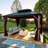 PURPLE LEAF Metal Gazebo Double Roof Wood Grain Aluminum Frame with Curtains and Netting