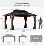 PURPLE LEAF Metal Gazebo Double Roof Wood Grain Aluminum Frame with Curtains and Netting