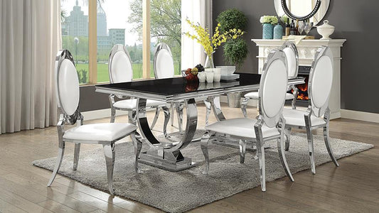 Antoine 7-Piece Black Tempered Glass Dining Set Cream White Chairs