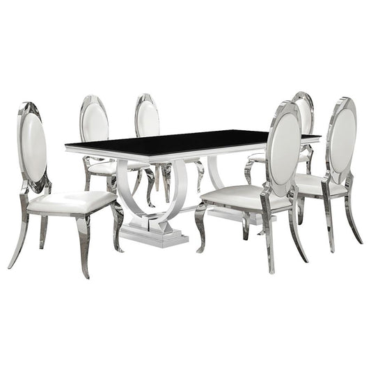 Antoine 7-Piece Black Tempered Glass Dining Set Cream White Chairs