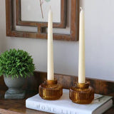 Fluted Amber Glass Candle Holders Set of 4