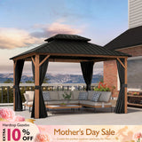 PURPLE LEAF Metal Gazebo Double Roof Wood Grain Aluminum Frame with Curtains and Netting