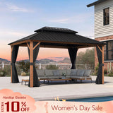 PURPLE LEAF Metal Gazebo Double Roof Wood Grain Aluminum Frame with Curtains and Netting