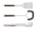 BergHOFF Essentials BBQ Set with Wood Handles Tongs, Spatula and Brush (3-Pieces)