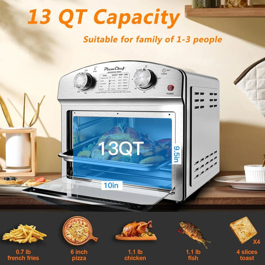 【USED】 Plum Chef Air Fryer,13QT,360° Hot Air Circulation for Healthy Oil-Free Cooking，Multifunctional Convection Toaster Oven Air Fryer Combo, Time Control Contertop Oven & Stainless Steel Adjustable Temp