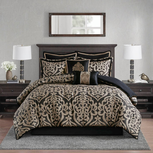 8pc Damask Medallion Textured Jacquard Comforter Set,Black