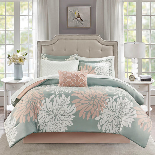 Floral Complete Comforter and Sheet Set, Blush/Grey