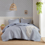 3pc Ruffle Printed Vermicelli Stitched Quilt Set, Blue