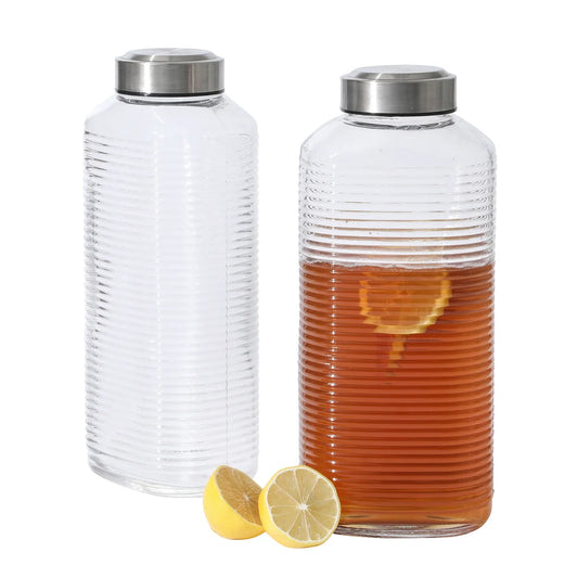 Gibson Home Aspen Heights 2 Piece Large Embossed Reusable Glassed Bottles W/ Airtight Leakproof Stainless Steel Lid, Pitcher for Water, Milk, Juice - Dishwasher Safe