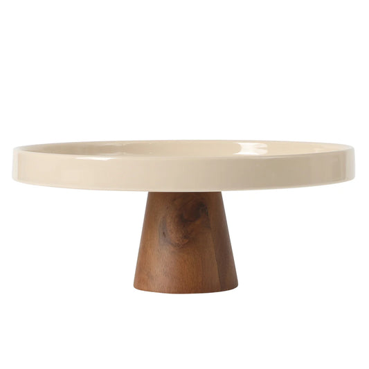 Gibson Elite 10.7-Inch Stoneware Cake Stand with Acacia Wood Base – Taupe Round Dessert Display Stand for Cakes, Cupcakes & Party Entertaining