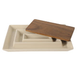 Gibson Elite 3-Section Stoneware Serving Tray with Acacia Lid – Taupe Rectangular Chip & Dip, Condiment, Snack and Appetizer Server for Parties & Entertaining