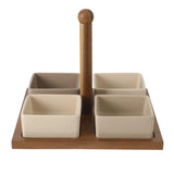 Gibson Elite 4-Piece Stoneware Tidbit, Condiment & Dip Dish Set with Acacia Wood Tray – Taupe Square Appetizer, Snack, Topping & Entertaining Server
