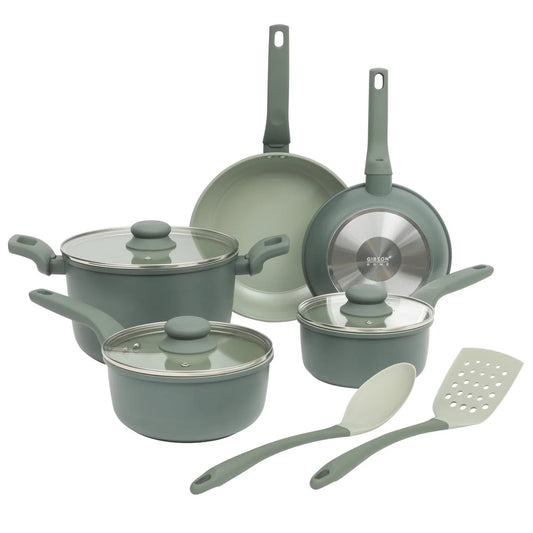 Gibson Home Barnsdall 10 Piece Premium PFA Free Ceramic Nonstick Pots and Pans Aluminum Cookware Set W/ Kitchen Tools - Lin