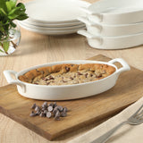 Gibson Home Gracious Dining Oval Au Gratin Baking Dishes, 4-Piece Set – 15 oz Oven Safe Ceramic Small Casserole Dishes with Handles, Microwave & Dishwasher Safe Mini Bakeware, White