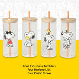 Peanuts Snoopy Happy Sips 4 Piece 23 OZ Tumbler Set with 4 Bamboo Lids and 4 Straws Set, Iced Coffe, Smoothie, Water Cup - Dishwasher Safe