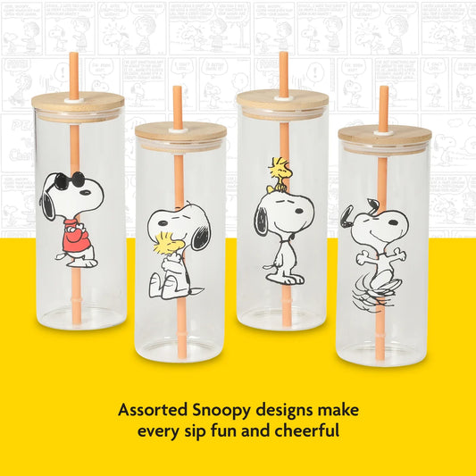 Peanuts Snoopy Happy Sips 4 Piece 23 OZ Tumbler Set with 4 Bamboo Lids and 4 Straws Set, Iced Coffe, Smoothie, Water Cup - Dishwasher Safe