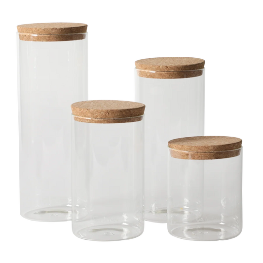Sur La Table Kitchen Essentials Rue Lumiere 4-Piece Handmade Glass Canister Set with Airtight Cork Lids, Clear – 57 oz, 45 oz, 34 oz & 25 oz, Food Storage Jars, Dishwasher Safe, Pantry Organization