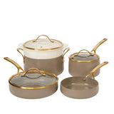 Bloomhouse 8 Piece Pots and Pans Heavy Duty Aluminum Premium PFA Free Ceramic Nonstick Dutch Oven Pot with Lid - Linen White with Gold Handle