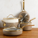 Bloomhouse 8 Piece Pots and Pans Heavy Duty Aluminum Premium PFA Free Ceramic Nonstick Dutch Oven Pot with Lid - Linen White with Gold Handle