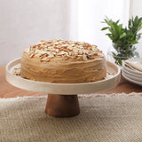 Gibson Elite 10.7-Inch Stoneware Cake Stand with Acacia Wood Base – Taupe Round Dessert Display Stand for Cakes, Cupcakes & Party Entertaining