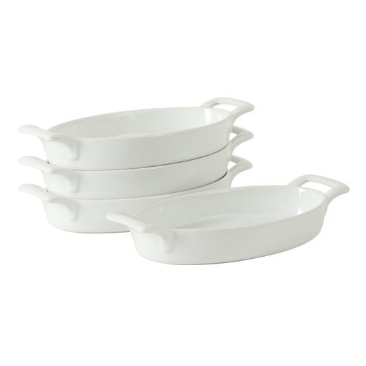 Gibson Home Gracious Dining Oval Au Gratin Baking Dishes, 4-Piece Set – 15 oz Oven Safe Ceramic Small Casserole Dishes with Handles, Microwave & Dishwasher Safe Mini Bakeware, White
