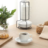 Gibson Home Gracious Dining 3-Ounce Espresso Cups Set of 4, Small Stackable Coffee Cups with 4 Saucers, Metal Stand, Ceramic Demitasse Mugs, Espresso Accessories for Machine