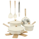 Gibson Elite Folkstone 13 Piece Pots and Pans Durable Cast Aluminum PFA Free Non stick Ceramic Coating Cookware Set W/ Kitchen Tongs, Tools, and Protective Felts - Induction Safe - Linen White W/ Wood Handle