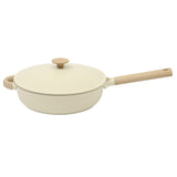 Gibson Elite Folkstone 13 Piece Pots and Pans Durable Cast Aluminum PFA Free Non stick Ceramic Coating Cookware Set W/ Kitchen Tongs, Tools, and Protective Felts - Induction Safe - Linen White W/ Wood Handle