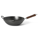 Martha Stewart Chisholm 13.5-Inch Carbon Steel Nonstick Wok, PFAS-Free Wok Pan & Flat Bottom Stir Fry Pan with Long Walnut Wood Handle & Helper Handle, Black