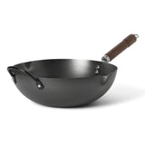 Martha Stewart Chisholm 13.5-Inch Carbon Steel Nonstick Wok, PFAS-Free Wok Pan & Flat Bottom Stir Fry Pan with Long Walnut Wood Handle & Helper Handle, Black