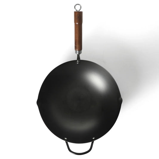 Martha Stewart Chisholm 13.5-Inch Carbon Steel Nonstick Wok, PFAS-Free Wok Pan & Flat Bottom Stir Fry Pan with Long Walnut Wood Handle & Helper Handle, Black