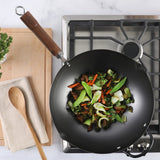 Martha Stewart Chisholm 13.5-Inch Carbon Steel Nonstick Wok, PFAS-Free Wok Pan & Flat Bottom Stir Fry Pan with Long Walnut Wood Handle & Helper Handle, Black