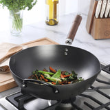 Martha Stewart Chisholm 13.5-Inch Carbon Steel Nonstick Wok, PFAS-Free Wok Pan & Flat Bottom Stir Fry Pan with Long Walnut Wood Handle & Helper Handle, Black