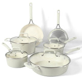 Martha Stewart Heathland Premium Nonstick PFA Free Ceramic Interior 10-Piece Tapered Aluminum Cookware Set - Linen White