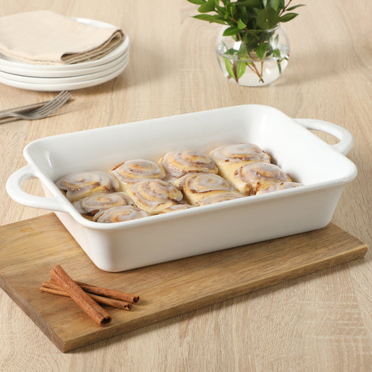 Gibson Home Gracious Dining 2.6-Quart White Stoneware Covered Baking Dish with Multi-Purpose Lid – 12.7 x 9-Inch Rectangular Oven Safe Casserole, Lasagna & Roasting Baker, Lid Doubles as Serveware or Trivet