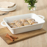 Gibson Home Gracious Dining 2.6-Quart White Stoneware Covered Baking Dish with Multi-Purpose Lid – 12.7 x 9-Inch Rectangular Oven Safe Casserole, Lasagna & Roasting Baker, Lid Doubles as Serveware or Trivet