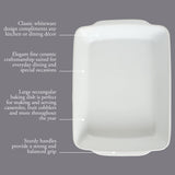 Gibson Home Gracious Dining 2.6-Quart White Stoneware Covered Baking Dish with Multi-Purpose Lid – 12.7 x 9-Inch Rectangular Oven Safe Casserole, Lasagna & Roasting Baker, Lid Doubles as Serveware or Trivet